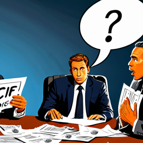 Home 19 **
A confused businessman sweating in a meeting, surrounded by documents with "CIF," "FOB," "L/C" scribbled on them. Speech bubbles show question marks and dollar signs. The setting is a brightly lit, modern office, emphasizing the contrast between the serious business environment and the individual's uncertainty.
**
