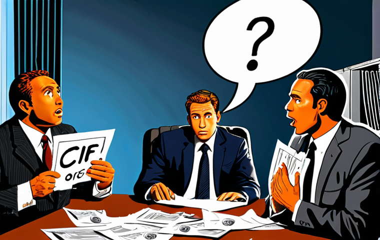 **
A confused businessman sweating in a meeting, surrounded by documents with "CIF," "FOB," "L/C" scribbled on them. Speech bubbles show question marks and dollar signs. The setting is a brightly lit, modern office, emphasizing the contrast between the serious business environment and the individual's uncertainty.
**