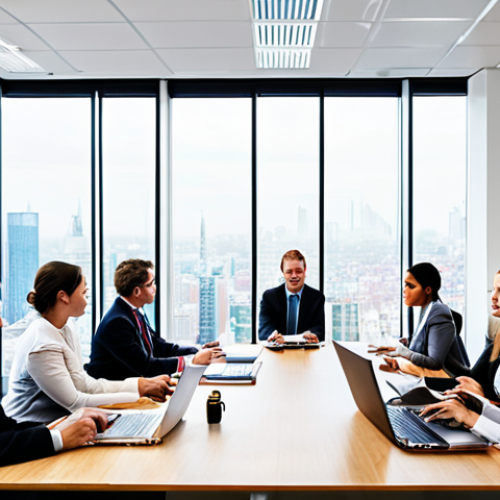 Home 18 **Image Prompt:** A diverse group of business professionals from around the world sitting around a conference table, engaged in a lively discussion. Laptops and documents are scattered on the table. The atmosphere is collaborative and energetic, emphasizing the power of trade English in fostering global connections. Focus on visual cues of international business: flags subtly displayed, modern office setting with a global cityscape visible through the windows. Style: Realistic, professional photography.