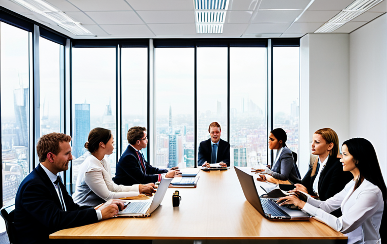 **Image Prompt:** A diverse group of business professionals from around the world sitting around a conference table, engaged in a lively discussion. Laptops and documents are scattered on the table. The atmosphere is collaborative and energetic, emphasizing the power of trade English in fostering global connections. Focus on visual cues of international business: flags subtly displayed, modern office setting with a global cityscape visible through the windows. Style: Realistic, professional photography.