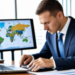 A focused professional adult individual in a modest business suit, meticulously examining complex international trade documents at a sleek desk in a modern, well-lit office. A laptop displays intricate legal text and a Bill of Lading, with a magnifying glass highlighting specific clauses. The background is a soft blur of global trade maps. perfect anatomy, correct proportions, natural pose, well-formed hands, proper finger count, natural body proportions, professional photography, high resolution, sharp focus, safe for work, appropriate content, fully clothed, professional, modest.