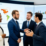 A diverse group of five international business professionals, three men and two women, in modest business suits and professional dresses, engaged in a collaborative discussion around a large conference table in a modern, brightly lit office. A large digital screen in the background displays a global market trend graph and a world map. The atmosphere is focused and collaborative, appropriate content, fully clothed, safe for work, perfect anatomy, correct proportions, natural pose, well-formed hands, proper finger count, natural body proportions, professional, modest, high quality, corporate photography.