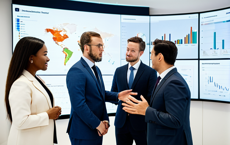 A diverse group of five international business professionals, three men and two women, in modest business suits and professional dresses, engaged in a collaborative discussion around a large conference table in a modern, brightly lit office. A large digital screen in the background displays a global market trend graph and a world map. The atmosphere is focused and collaborative, appropriate content, fully clothed, safe for work, perfect anatomy, correct proportions, natural pose, well-formed hands, proper finger count, natural body proportions, professional, modest, high quality, corporate photography.