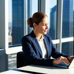 An experienced female mentor, professionally dressed in a modest business suit, is engaged in a focused discussion with a male mentee, also in professional business attire. They are seated at a sleek modern conference table in a sunlit, contemporary office with large windows overlooking a vibrant city skyline. A digital tablet displaying charts is on the table between them. The scene is captured with professional photography, showcasing perfect anatomy, correct proportions, and natural poses. Subjects are fully clothed, in modest and appropriate attire. This image is safe for work, appropriate content, and family-friendly, emphasizing professional guidance and development. Well-formed hands, proper finger count, and natural body proportions are ensured.