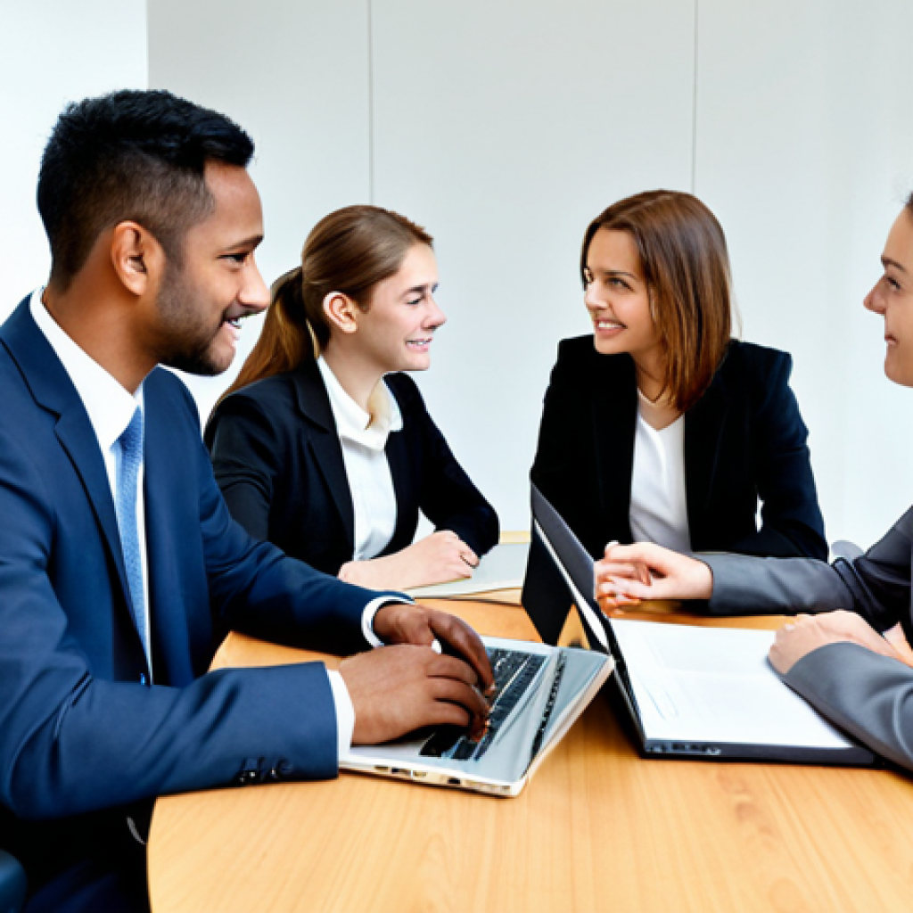 A diverse group of five international business professionals, three men and two women, fully clothed in modest business attire and professional dress, are seated around a modern conference table in a well-lit, sophisticated meeting room. They are engaged in a cross-cultural negotiation, with open laptops, legal documents, and a world map subtly visible on a wall. Their expressions convey focus and diplomatic engagement, emphasizing clear understanding and collaboration. Perfect anatomy, correct proportions, natural pose, well-formed hands, proper finger count, natural body proportions. Professional photography, high quality, safe for work, appropriate content, family-friendly.