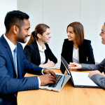 A diverse group of five international business professionals, three men and two women, fully clothed in modest business attire and professional dress, are seated around a modern conference table in a well-lit, sophisticated meeting room. They are engaged in a cross-cultural negotiation, with open laptops, legal documents, and a world map subtly visible on a wall. Their expressions convey focus and diplomatic engagement, emphasizing clear understanding and collaboration. Perfect anatomy, correct proportions, natural pose, well-formed hands, proper finger count, natural body proportions. Professional photography, high quality, safe for work, appropriate content, family-friendly.