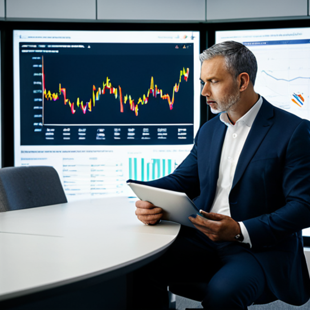 A focused male professional in his 40s, wearing a modest, crisp business suit, deep in thought at a desk in a contemporary, well-lit office. Large screens behind him display complex trade finance data and international shipping manifests. He gestures thoughtfully at a tablet open to a document featuring Incoterms definitions, indicating a deep understanding and analysis of intricate trade jargon and legal terms. Professional photography, cinematic lighting, high detail, realistic, perfect anatomy, correct proportions, natural pose, well-formed hands, proper finger count, natural body proportions, fully clothed, appropriate attire, safe for work, appropriate content, professional.