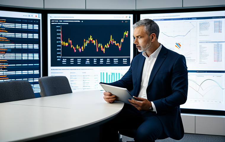 A focused male professional in his 40s, wearing a modest, crisp business suit, deep in thought at a desk in a contemporary, well-lit office. Large screens behind him display complex trade finance data and international shipping manifests. He gestures thoughtfully at a tablet open to a document featuring Incoterms definitions, indicating a deep understanding and analysis of intricate trade jargon and legal terms. Professional photography, cinematic lighting, high detail, realistic, perfect anatomy, correct proportions, natural pose, well-formed hands, proper finger count, natural body proportions, fully clothed, appropriate attire, safe for work, appropriate content, professional.