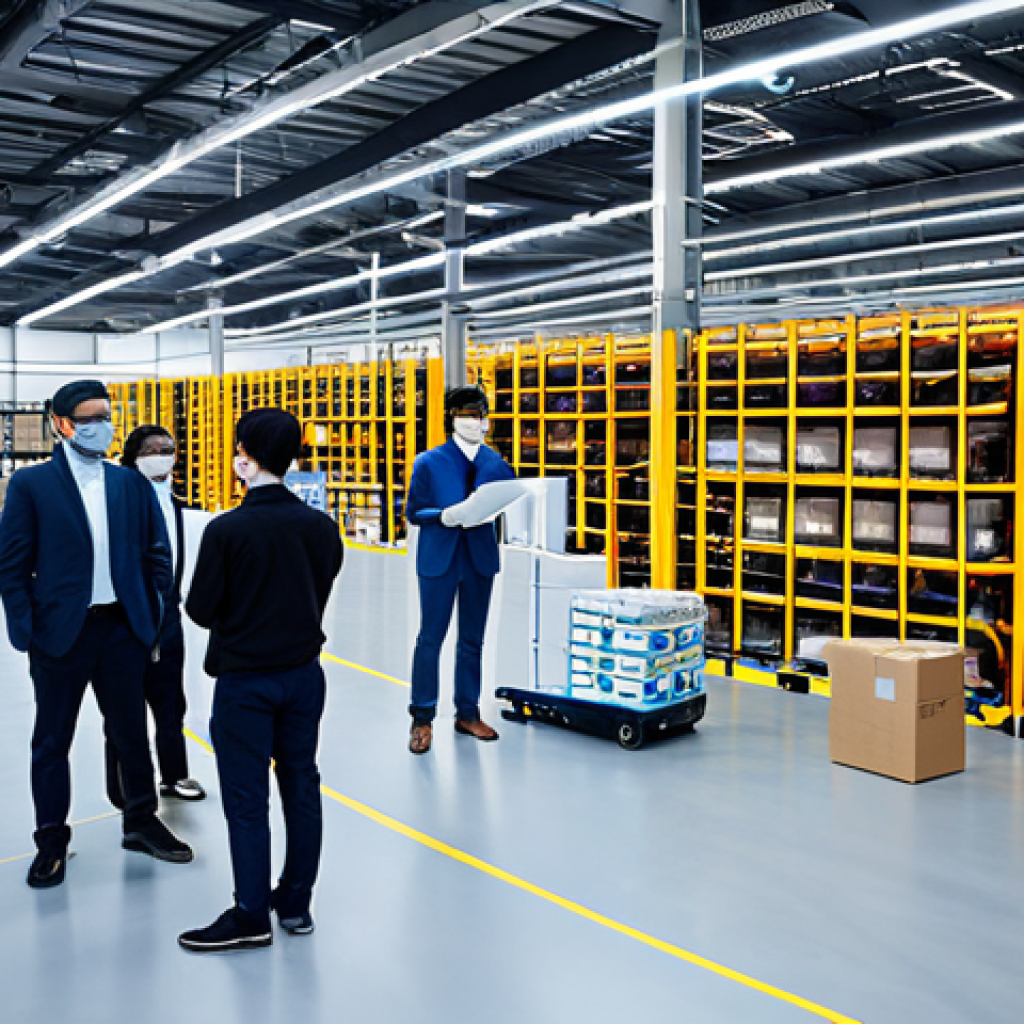 AI-Powered Logistics**

"A brightly lit, modern logistics warehouse, fully automated with robotic arms moving packages, AI interfaces displaying real-time data analysis, a diverse group of logistics professionals in appropriate attire observing the operations, safe for work, professional environment, perfect anatomy, correct proportions, high quality, focus on technological advancement, fully clothed, appropriate content, family-friendly."

**