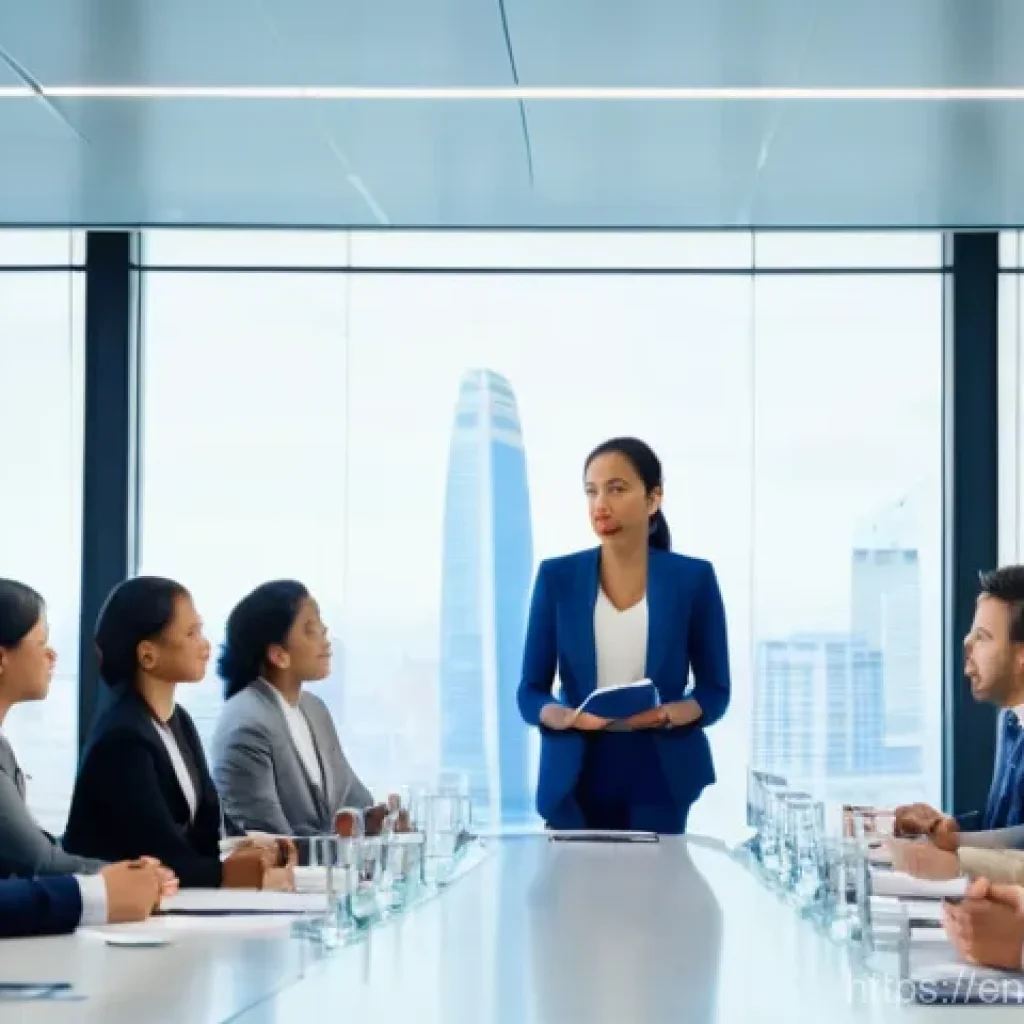 무역영어와 협상 기술 향상 - **Global Synergy in a Modern Boardroom:** A diverse group of eight business professionals from vario...