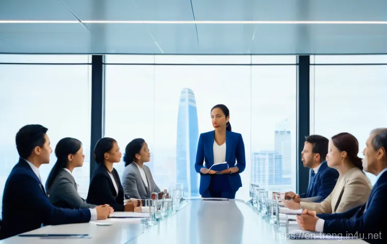무역영어와 협상 기술 향상 - **Global Synergy in a Modern Boardroom:** A diverse group of eight business professionals from vario...