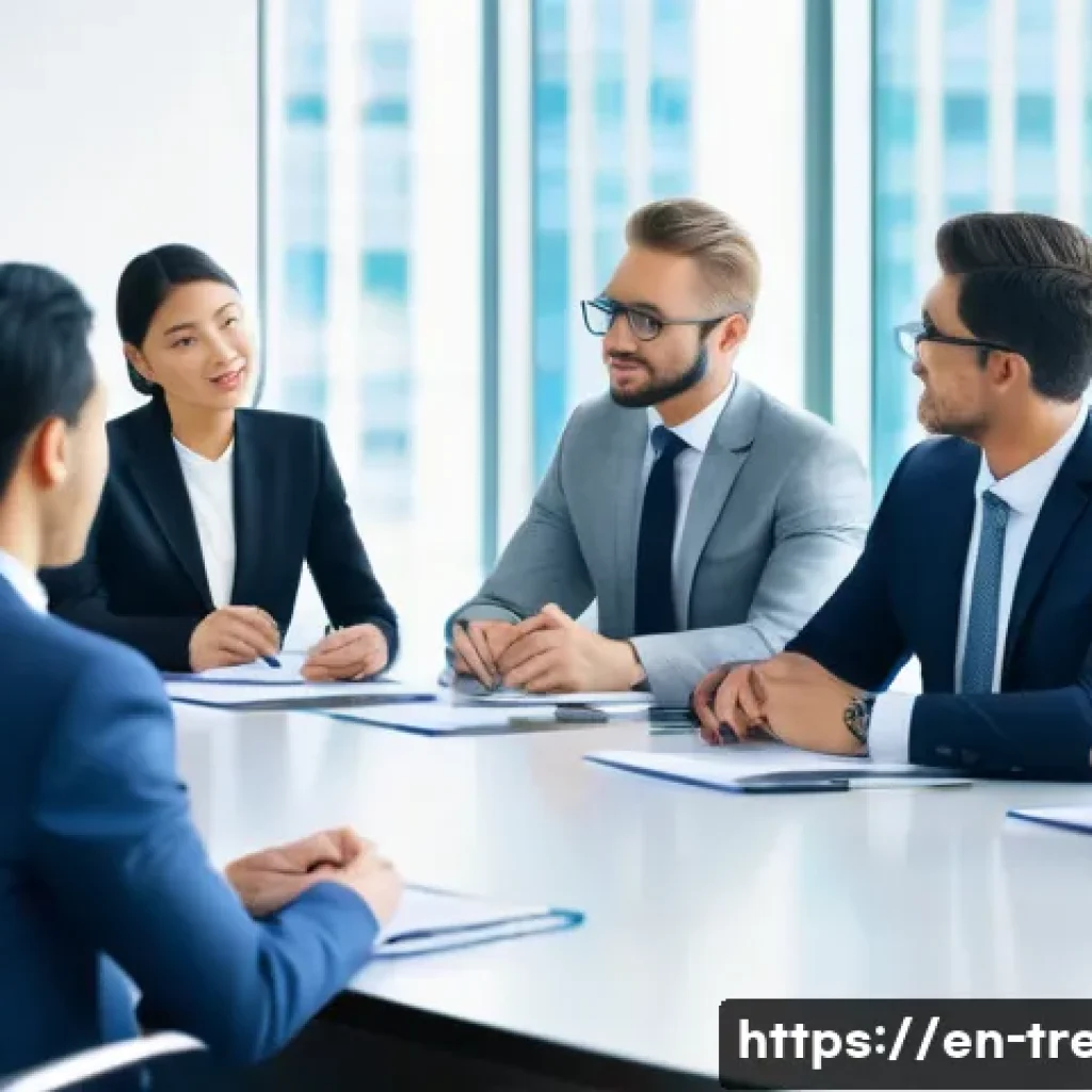 무역영어 자격증으로 얻은 전문성과 실무 활용 사례 - A diverse group of international business professionals, elegantly dressed in sharp, modern business...