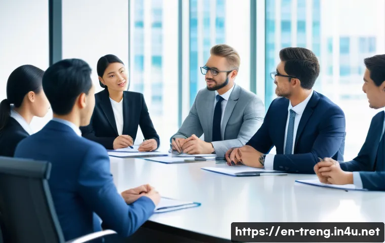 무역영어 자격증으로 얻은 전문성과 실무 활용 사례 - A diverse group of international business professionals, elegantly dressed in sharp, modern business...