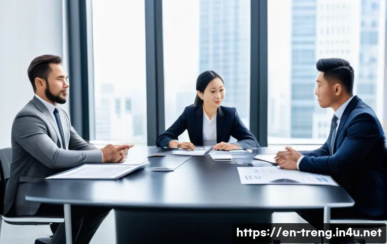 무역영어와 비즈니스 실무의 융합 사례 - A diverse group of international business professionals engaged in a high-stakes negotiation around ...