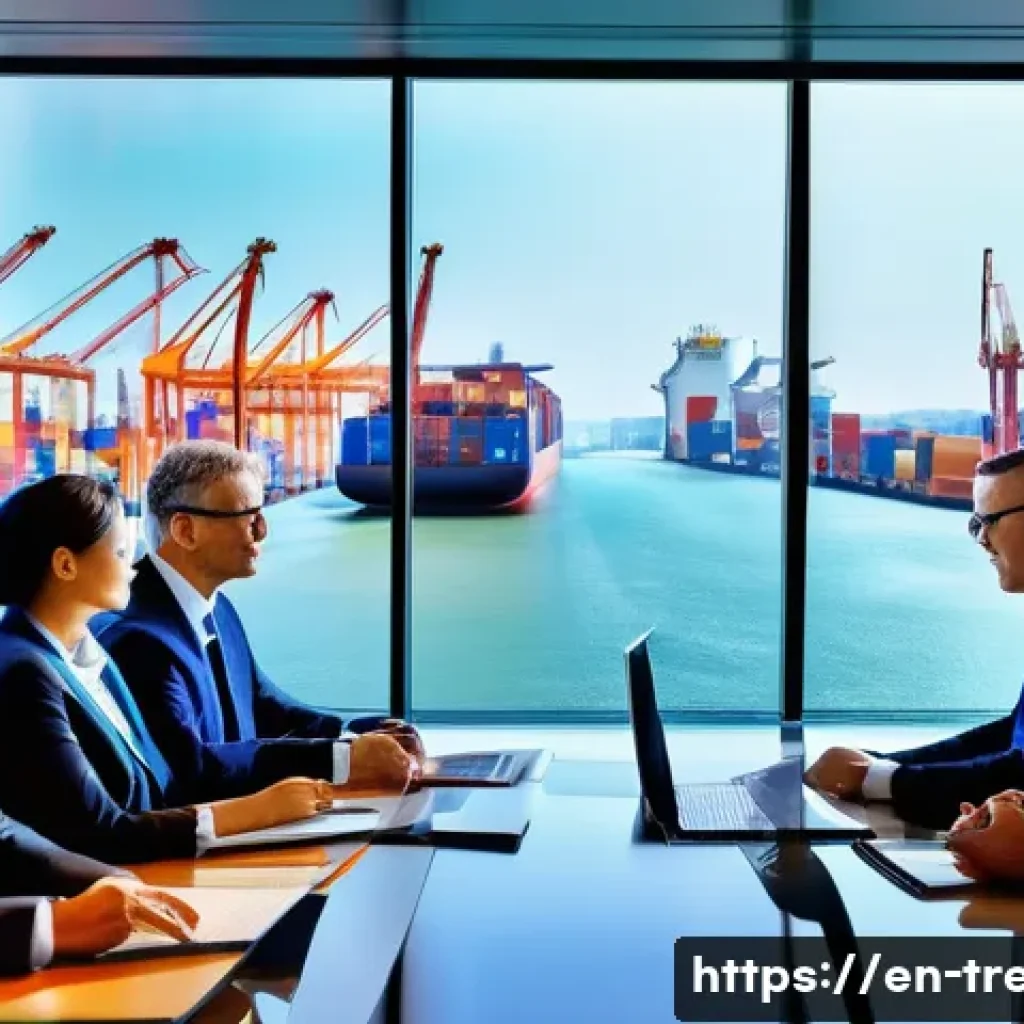 무역영어 실기시험 첨삭 지도 - A modern office scene showing a diverse group of international business professionals in formal atti...