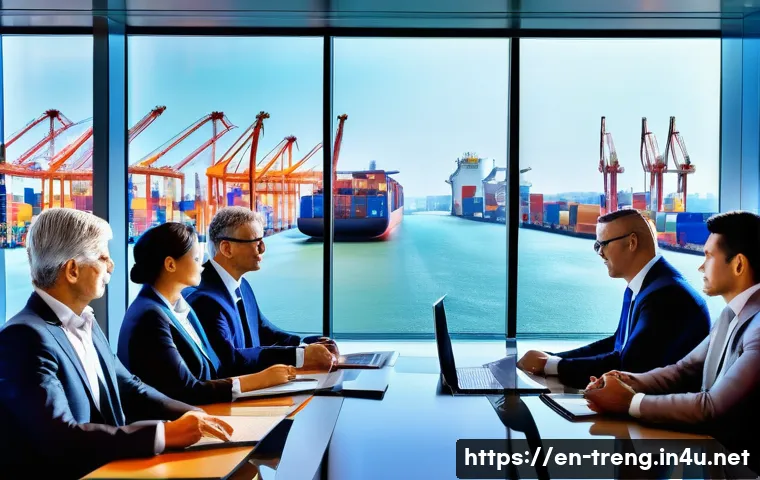 무역영어 실기시험 첨삭 지도 - A modern office scene showing a diverse group of international business professionals in formal atti...