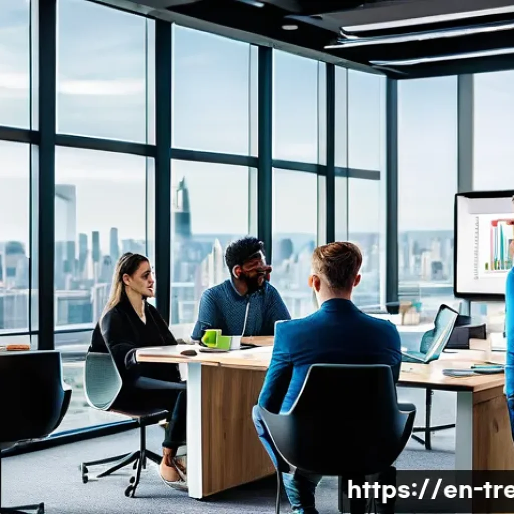 무역영어 시험 대비 온라인 강좌 - A modern office scene showing a diverse group of young professionals engaged in an international tra...