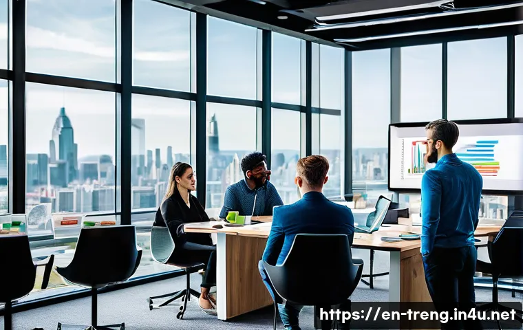 무역영어 시험 대비 온라인 강좌 - A modern office scene showing a diverse group of young professionals engaged in an international tra...