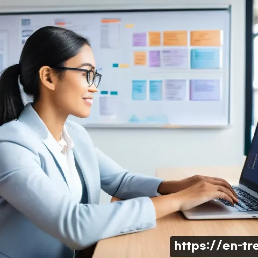 무역영어 학습과 업무 병행 팁 - A modern office setting showing a professional woman in business casual attire sitting at a sleek de...