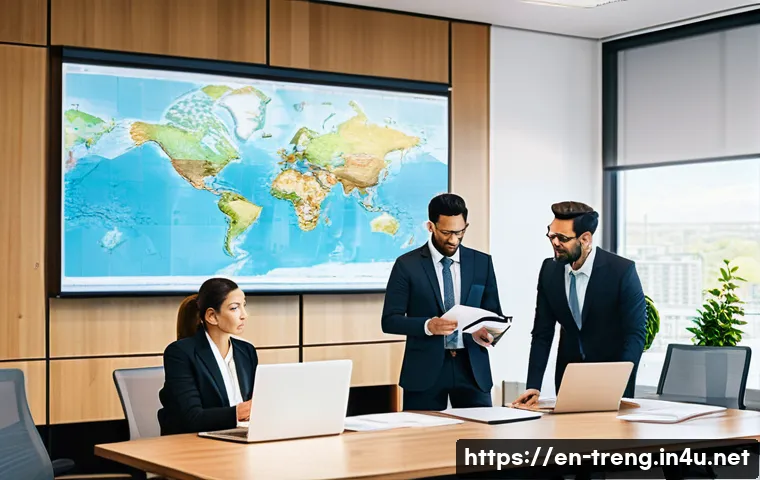 무역영어 실기시험 준비에서 흔히 하는 실수 - A professional office scene featuring a diverse group of businesspeople in formal attire, gathered a...