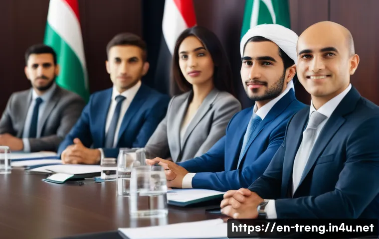 무역영어와 문화 차이 극복하기 - A professional multicultural business meeting scene showing representatives from Western, Asian, and...
