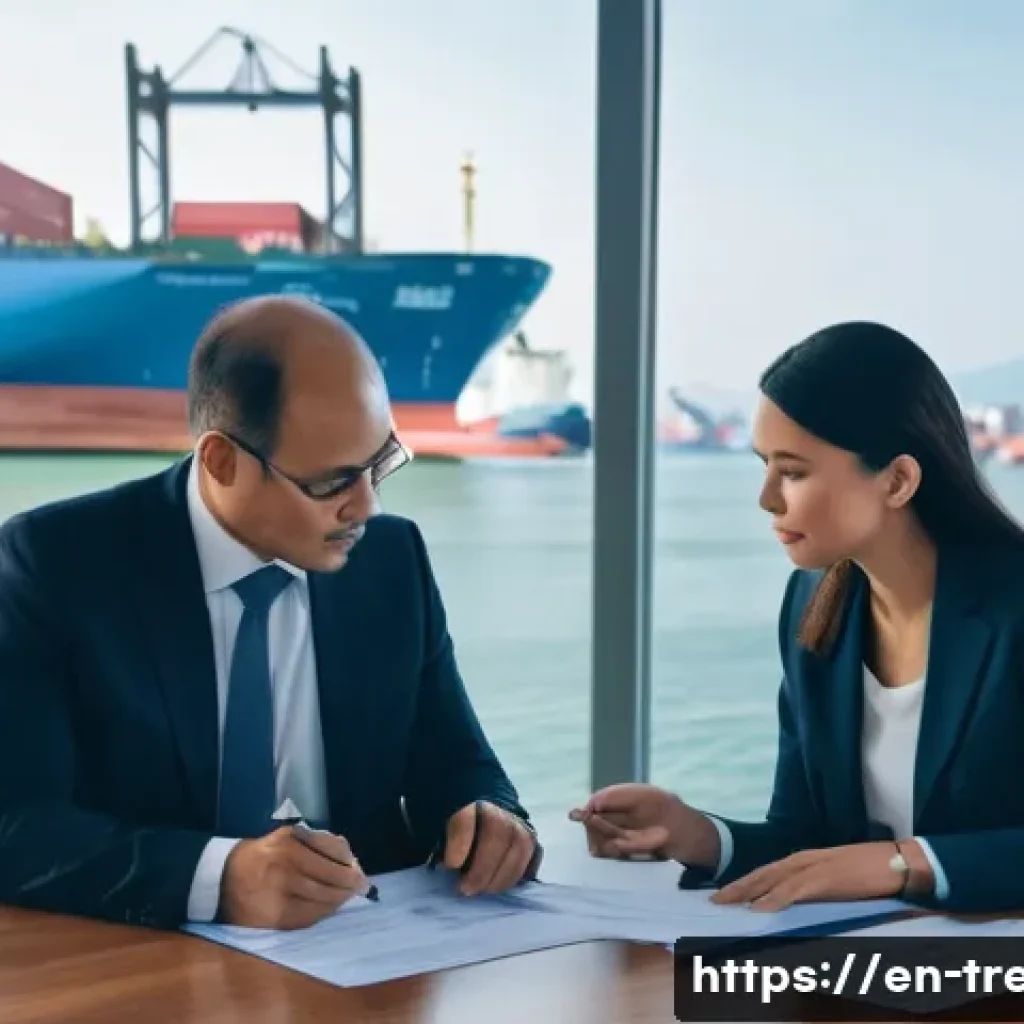 무역영어 학습법을 개선하는 팁 - A professional office scene showing an international trade negotiation in progress: two businesspeop...