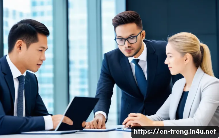 무역영어를 활용한 국내외 프로젝트 사례 - A professional international business meeting scene showing diverse executives from Europe, Asia, an...