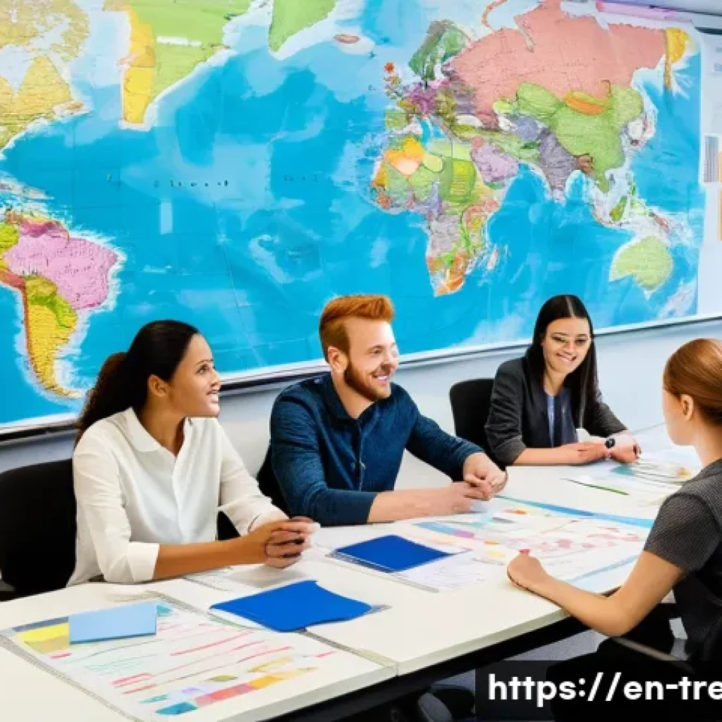 무역영어 실기시험 중 자주 실수하는 유형 - A professional office scene showing a diverse group of young adults studying international trade ter...