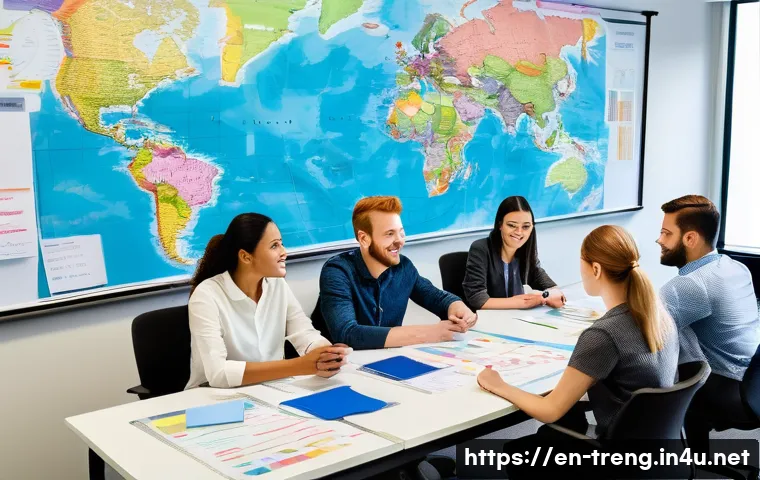 무역영어 실기시험 중 자주 실수하는 유형 - A professional office scene showing a diverse group of young adults studying international trade ter...