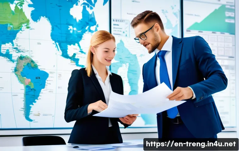 무역영어와 외국인 무역 파트너십 - A modern international shipping office scene featuring diverse professionals in business attire disc...