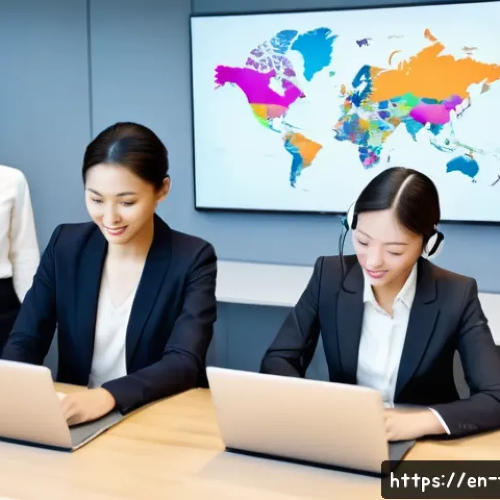무역영어 자격증과 관련된 온라인 강좌 추천 - A modern office setting with diverse international business professionals engaged in a virtual trade...