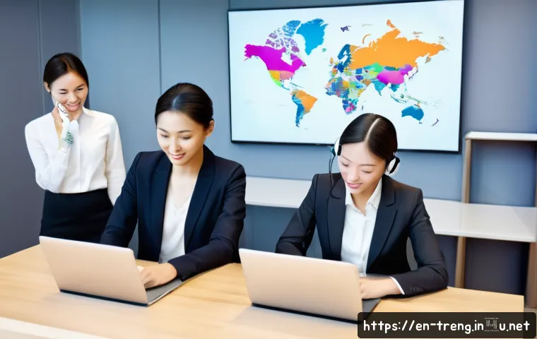 무역영어 자격증과 관련된 온라인 강좌 추천 - A modern office setting with diverse international business professionals engaged in a virtual trade...