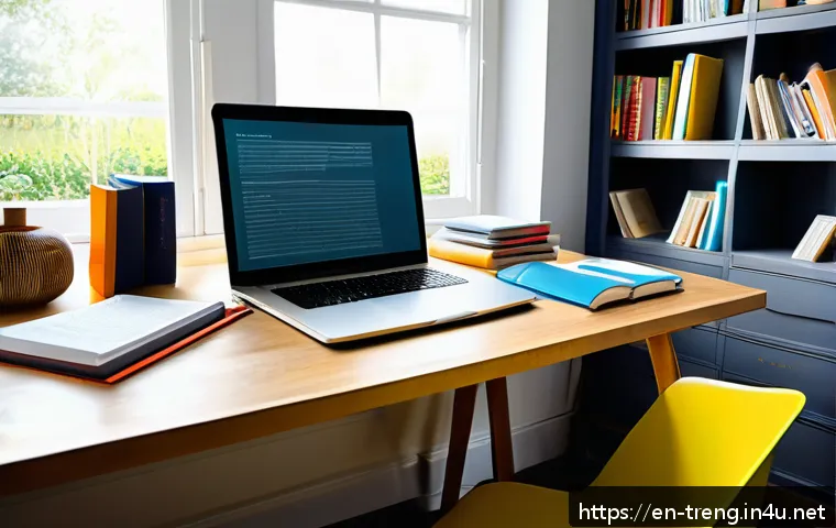무역영어 시험 대비를 위한 필수 자료 추천 - A cozy modern study room featuring a large wooden desk cluttered with comprehensive international tr...