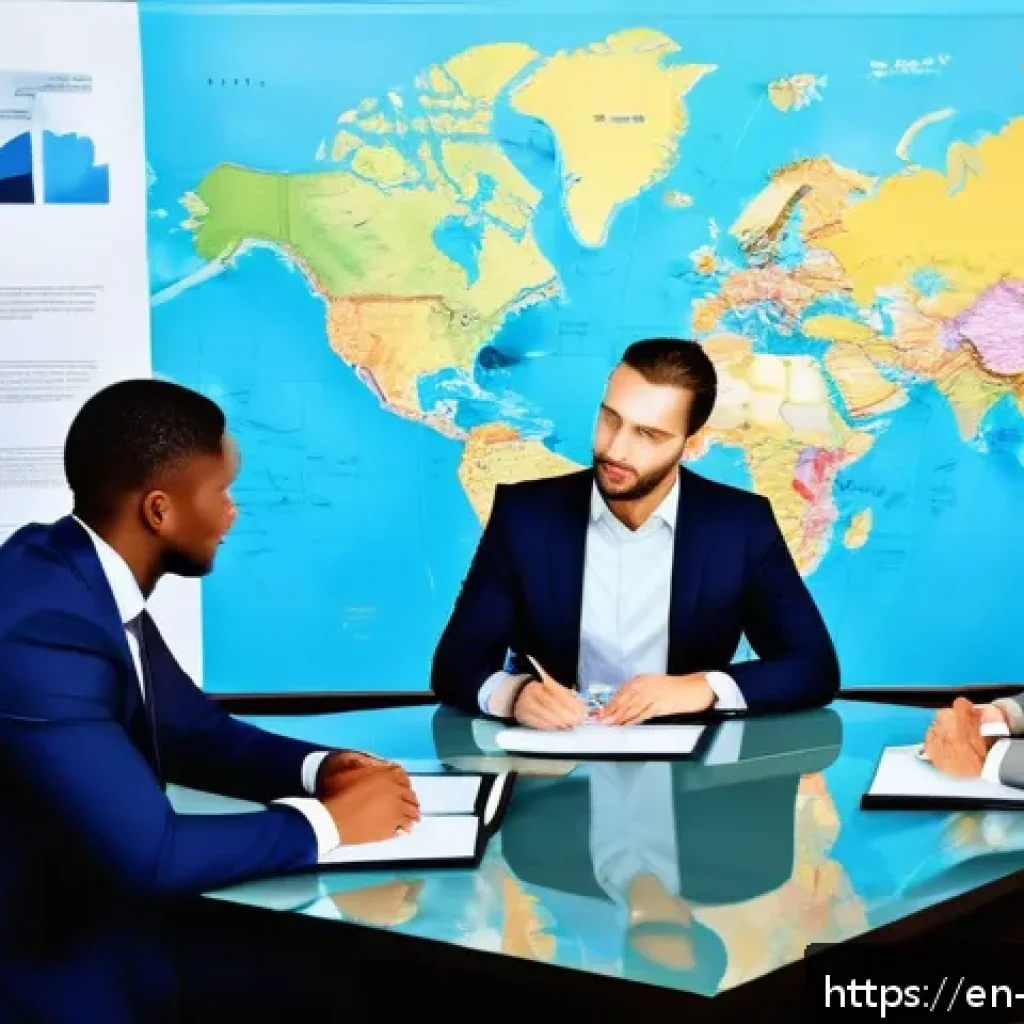 무역영어 자격증으로 구축된 직무 경쟁력 - A modern international business office scene featuring a diverse group of professionals engaged in a...