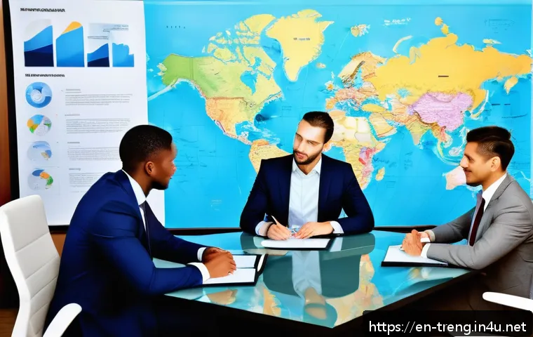 무역영어 자격증으로 구축된 직무 경쟁력 - A modern international business office scene featuring a diverse group of professionals engaged in a...