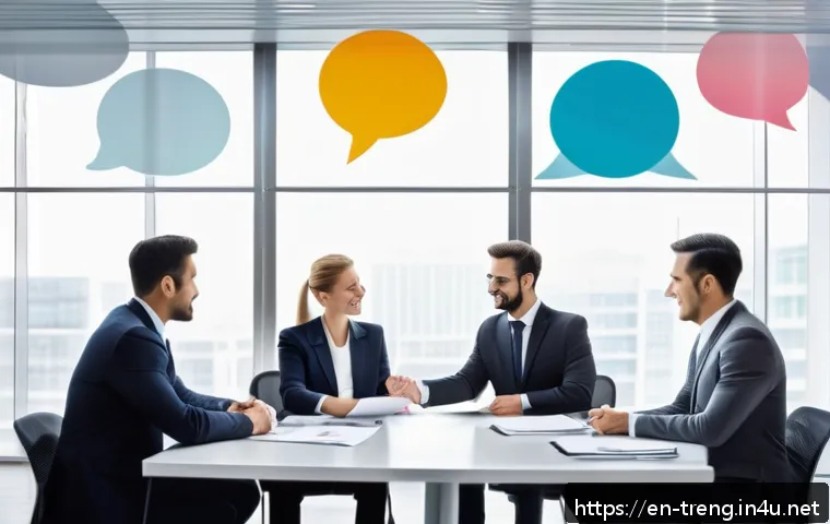 무역영어 학습에서 발생한 성공 사례 연구 - A professional international trade negotiation scene in a modern conference room, featuring diverse ...