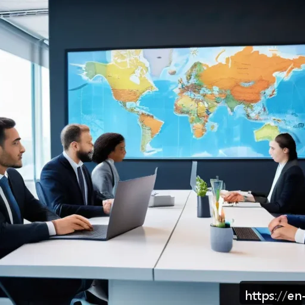 무역영어 자격증의 직무 관련성 분석 - A professional international trade negotiation scene in a modern office, featuring a diverse group o...