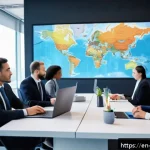 무역영어 자격증의 직무 관련성 분석 - A professional international trade negotiation scene in a modern office, featuring a diverse group o...