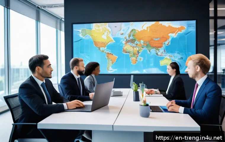 무역영어 자격증의 직무 관련성 분석 - A professional international trade negotiation scene in a modern office, featuring a diverse group o...
