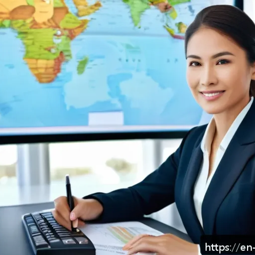 무역영어 자격증으로 국제 커리어 구축 - A modern international business office scene showing a confident professional woman in business atti...