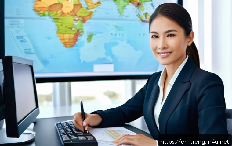 무역영어 자격증으로 국제 커리어 구축 - A modern international business office scene showing a confident professional woman in business atti...