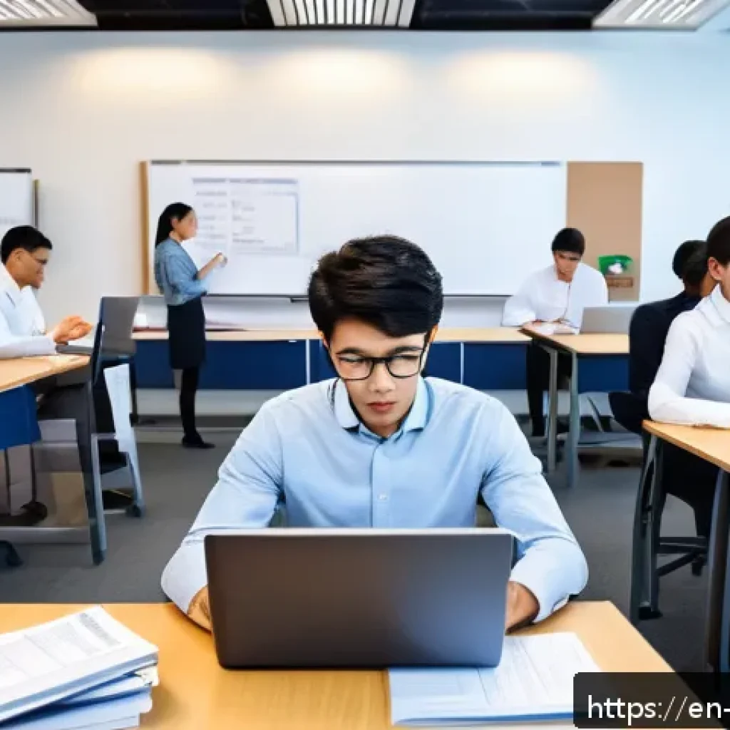 무역영어 필기시험 대비 주요 자료 활용 방법 - A modern office setting with a diverse group of young professionals studying trade English exam mate...