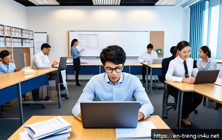 무역영어 필기시험 대비 주요 자료 활용 방법 - A modern office setting with a diverse group of young professionals studying trade English exam mate...
