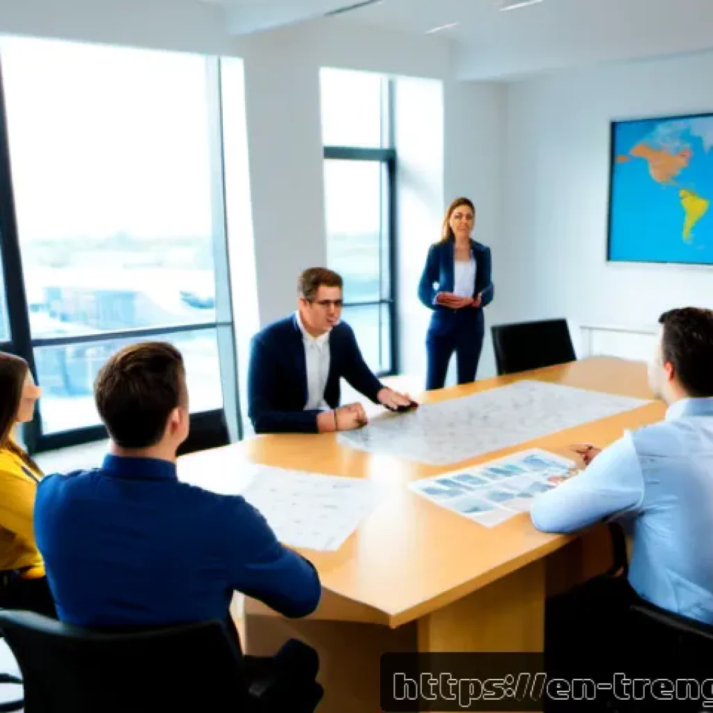 무역영어 학습으로 성취할 수 있는 기회 - Photorealistic scene of a young American logistics professional confidently leading an international...