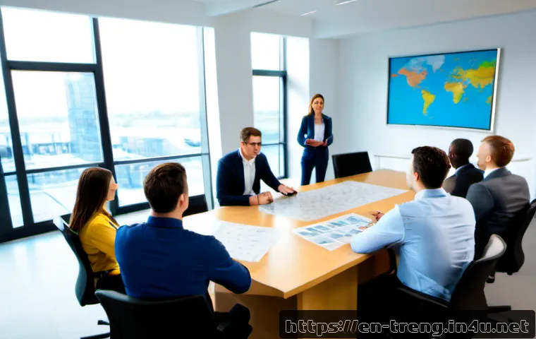 무역영어 학습으로 성취할 수 있는 기회 - Photorealistic scene of a young American logistics professional confidently leading an international...