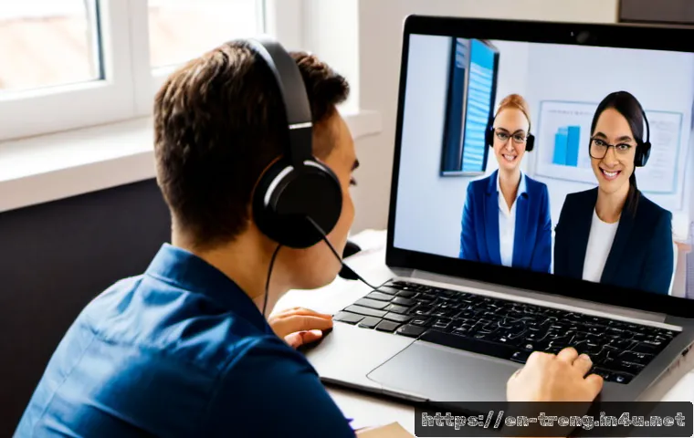 무역영어 학습을 위한 온라인 스터디 그룹 - Photorealistic home-office scene of a diverse online business English study group on a large laptop ...