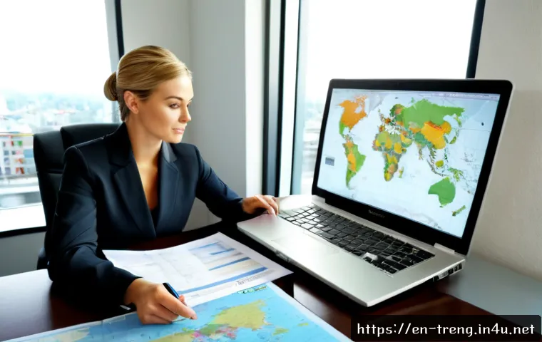 Home 15 무역영어 실무와 학문적 접근 - Photorealistic international trade professional at a bright modern office desk, reviewing a blank sh...
