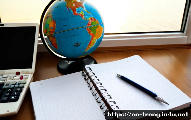 무역영어 이론 정리 노트 - Photorealistic overhead view of a tidy home-office desk for studying international trade theory, an ...