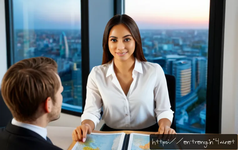 무역영어 자격증의 글로벌 취업 활용 사례 - Photorealistic international job interview scene in a modern London office, confident young professi...