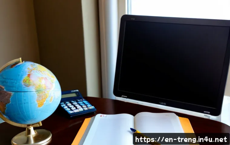 Home 17 무역영어 필기시험의 필수 학습 영역 - Photorealistic study desk scene for an international trade certification exam, open blank notebook b...